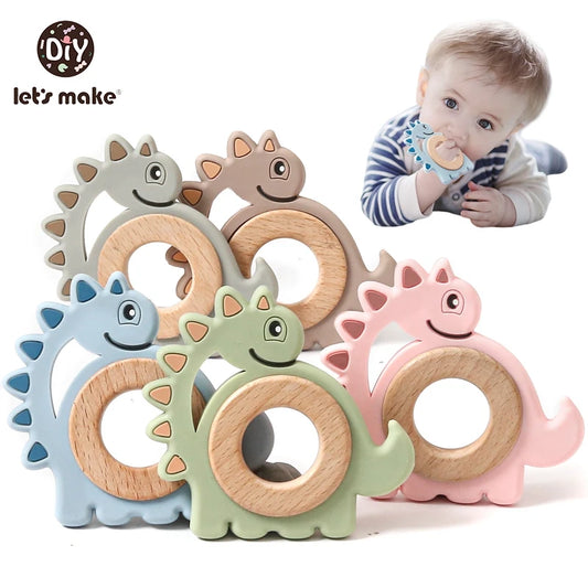 Let's Make Dinosaur Silicone Wood Ring Teether Cute Animal Nursing Pendant Accessories Teething Toys Chew Toy Teether For Teeth